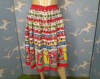 XL vintage 1950s novelty print skirt, flamenco/ wine/ fiesta print rockabilly skirt size 18- 20 + / 39" waist