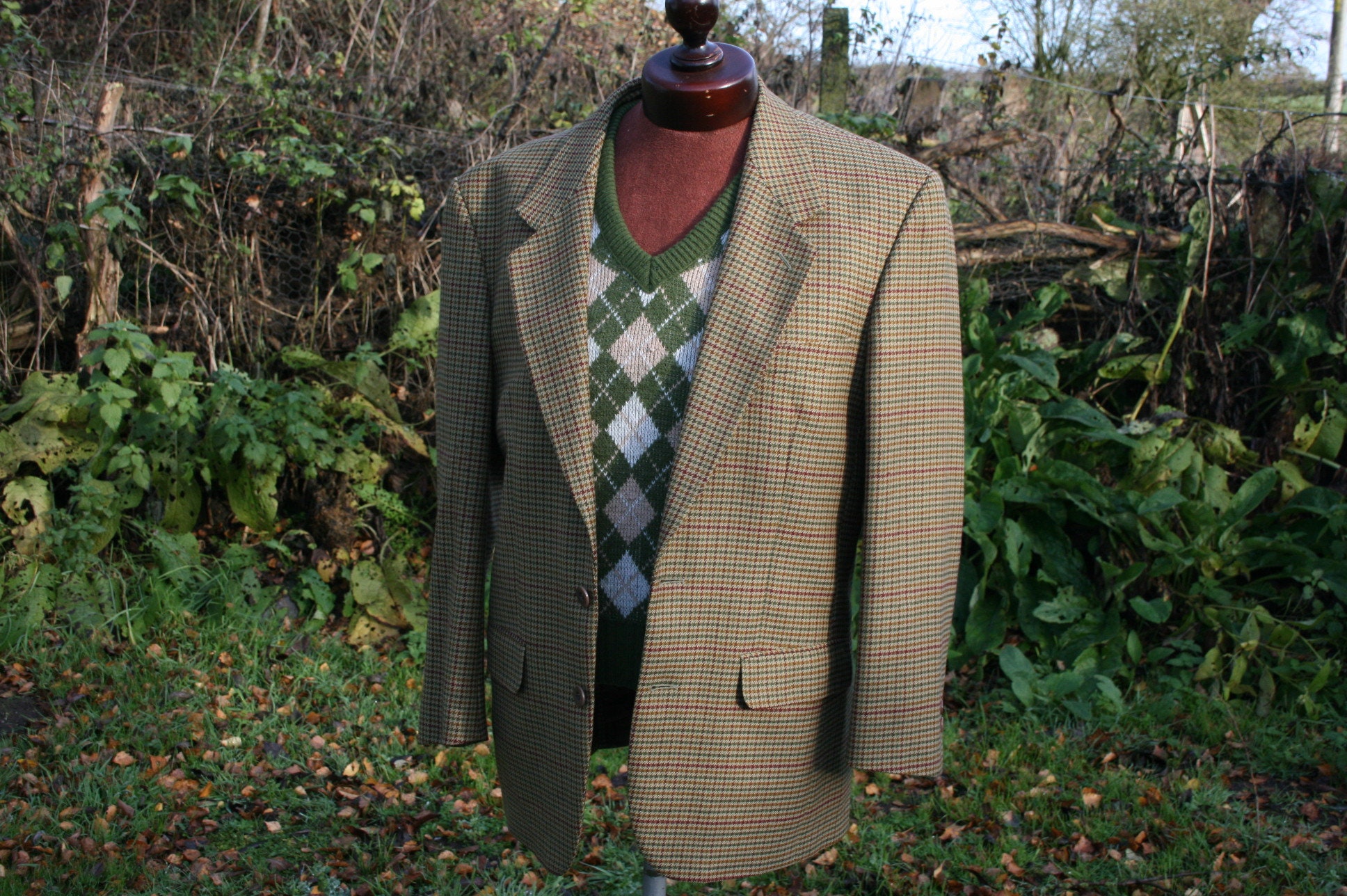 Image of Mans Vintage Check Jacket, Tan/ Green Wool Mix Country Style Size 42" Chest