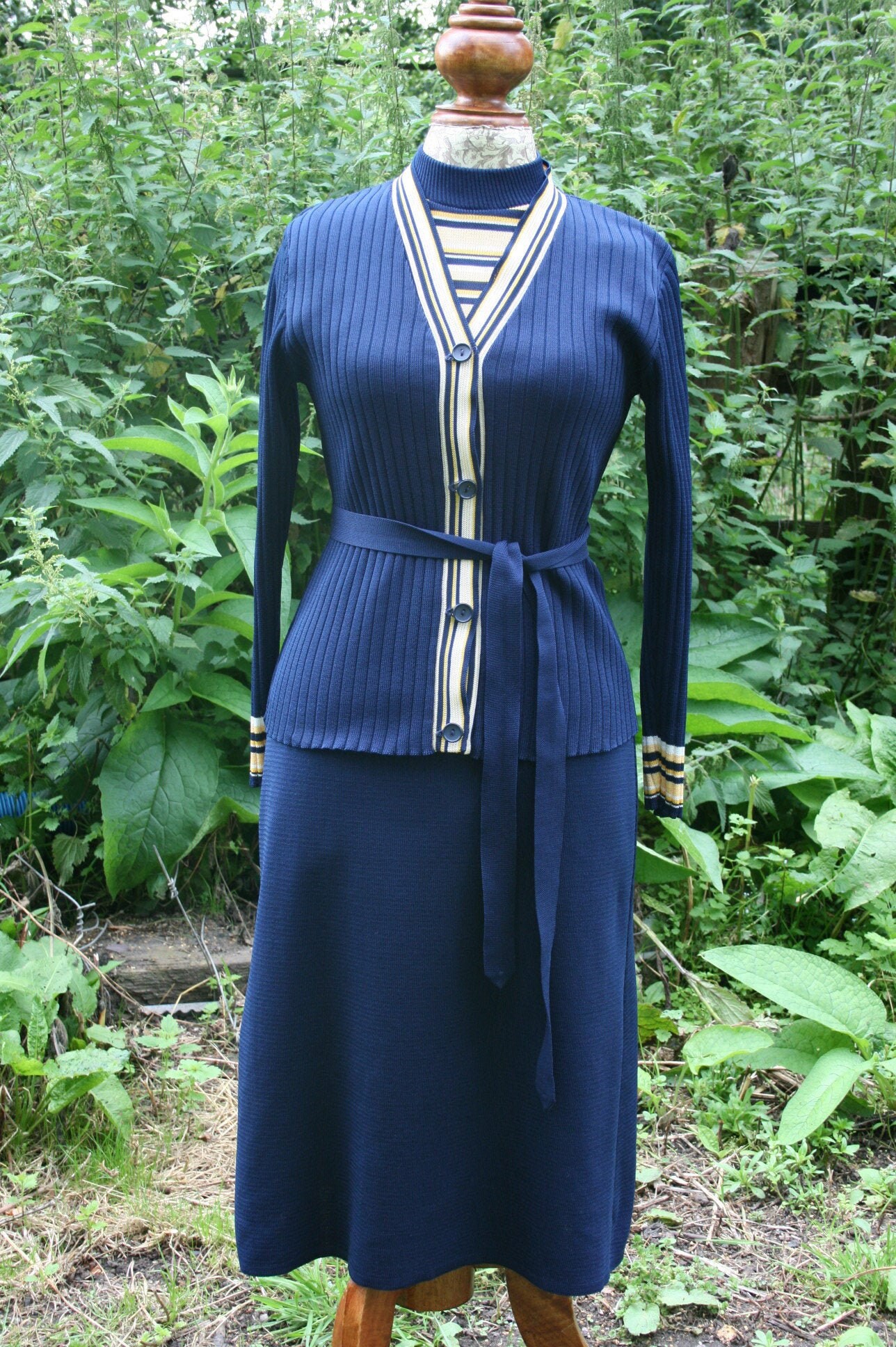 Image of Maureen Baker For Susan Small Vintage Knitted Suit, Navy/ Yellow/ White Stripe Cardigan Jacket & Dress, Size /