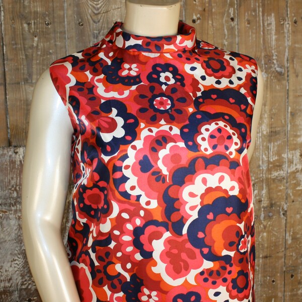 Reserved!!Plus size psychedelic mod dress, red/ blue flower power turtle neck Tricel shift dress, size 16 UK/ 43" bust, 44" hips