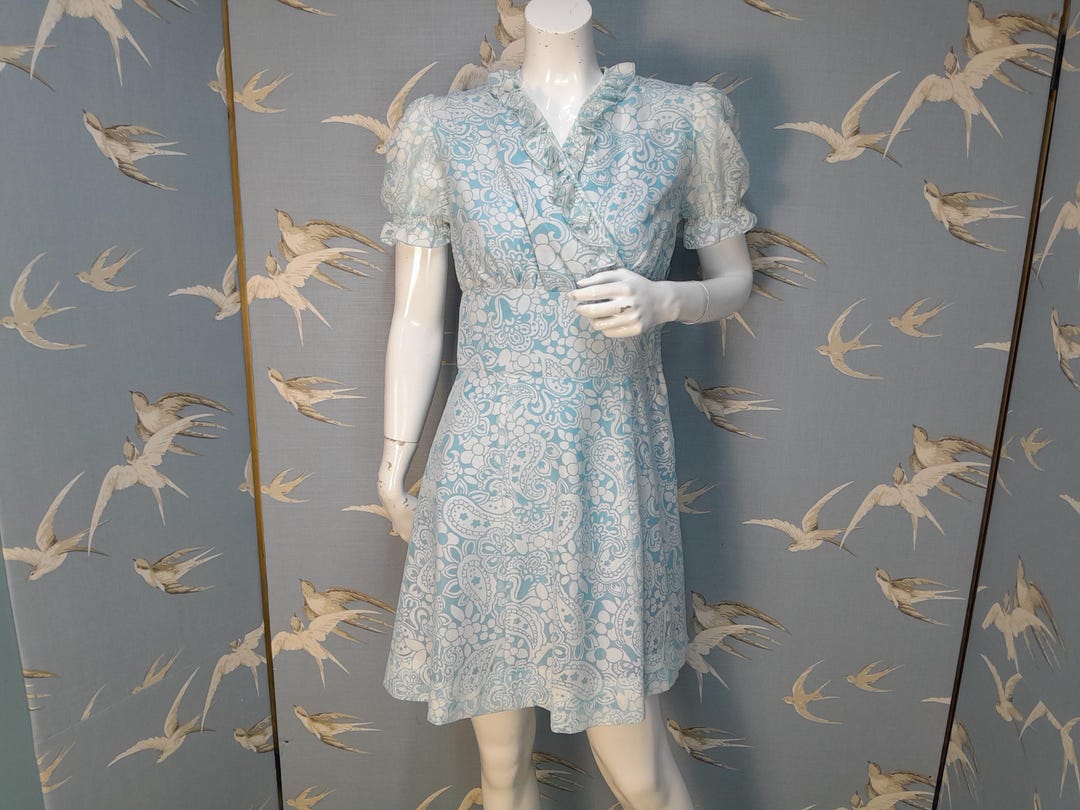 blue 60s dress Vintage 60s/ 70s & White Flocked Chiffon Mini Dress, Size 10 UK/ 36