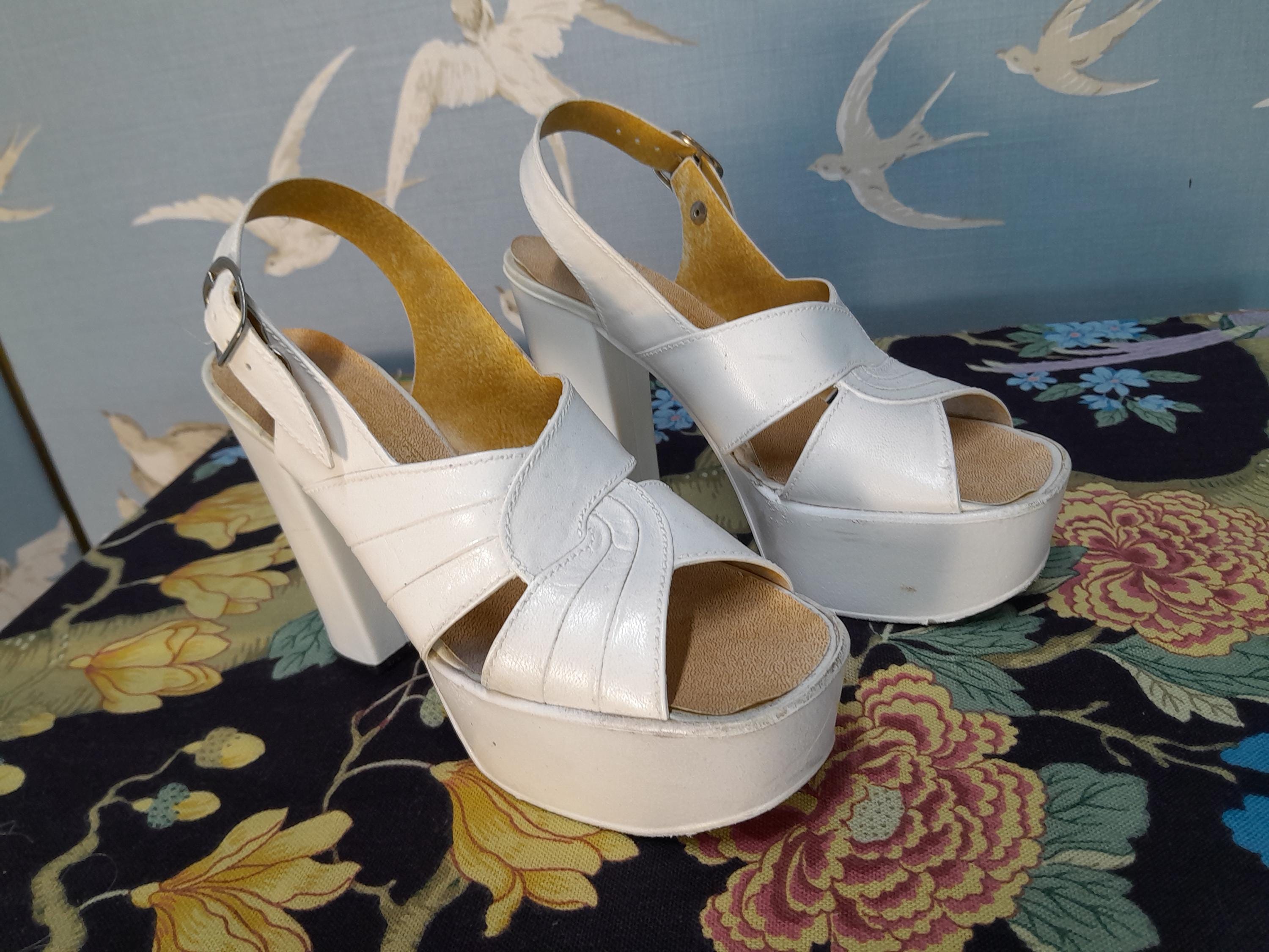 Vintage 1970s White Platform Shoes, Size Open Toe Sandals,