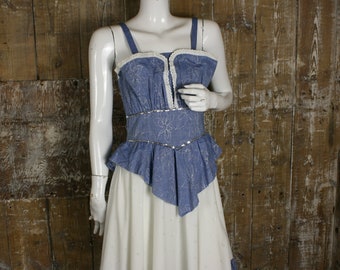 Vintage 90s blue/ white Country & Western style peplum sun dress, size 6 UK/ teens
