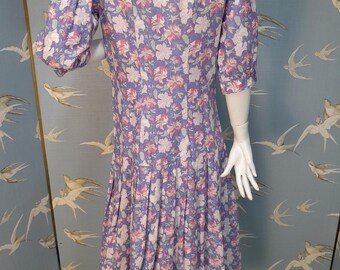 Vintage 1980s Laura Ashley Bluebell Coloured Floral Linen Mix