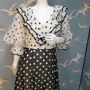 Vintage 1970s polka dot ruffle neck maxi dress, black/ white monochrome, size 10 UK, 36&quot; bust