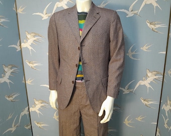 Vintage 1970s Hornes brown woven wool suit, 30- 32" waist/ 28" leg, 38- 40" chest, tailored in Scandinavia. See ITEM DETAILS for measurement