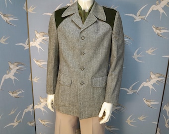 Vintage 1970s Mans Tweed Safari Jacket, Size Medium, 38