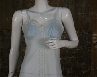 Vintage pale blue nylon slip, 50s/ 60s St Michael sheer bri nylon/ lace slip, size 8/ 34" bust