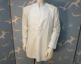 Antique mans white cotton dress shirt, The Silver King vintage pullover bib front shirt, oversize S.  See ITEM DETAILS for all measurements