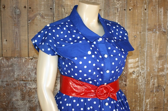 Vintage 80s does 50s blue & white polka dot dress… - image 3