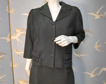 Vintage 1950s Mary Harnes green/ black lurex suit size 10 UK.  See ITEM DETAILS for all measurements