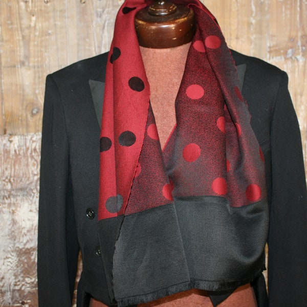 Vintage mans scarf, lightweight black/ red spot reversible short mod scarf