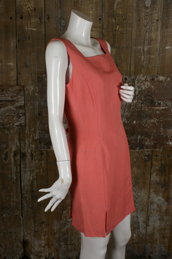 90s does 60s linen mix mini dress, coral pink fea… - image 3