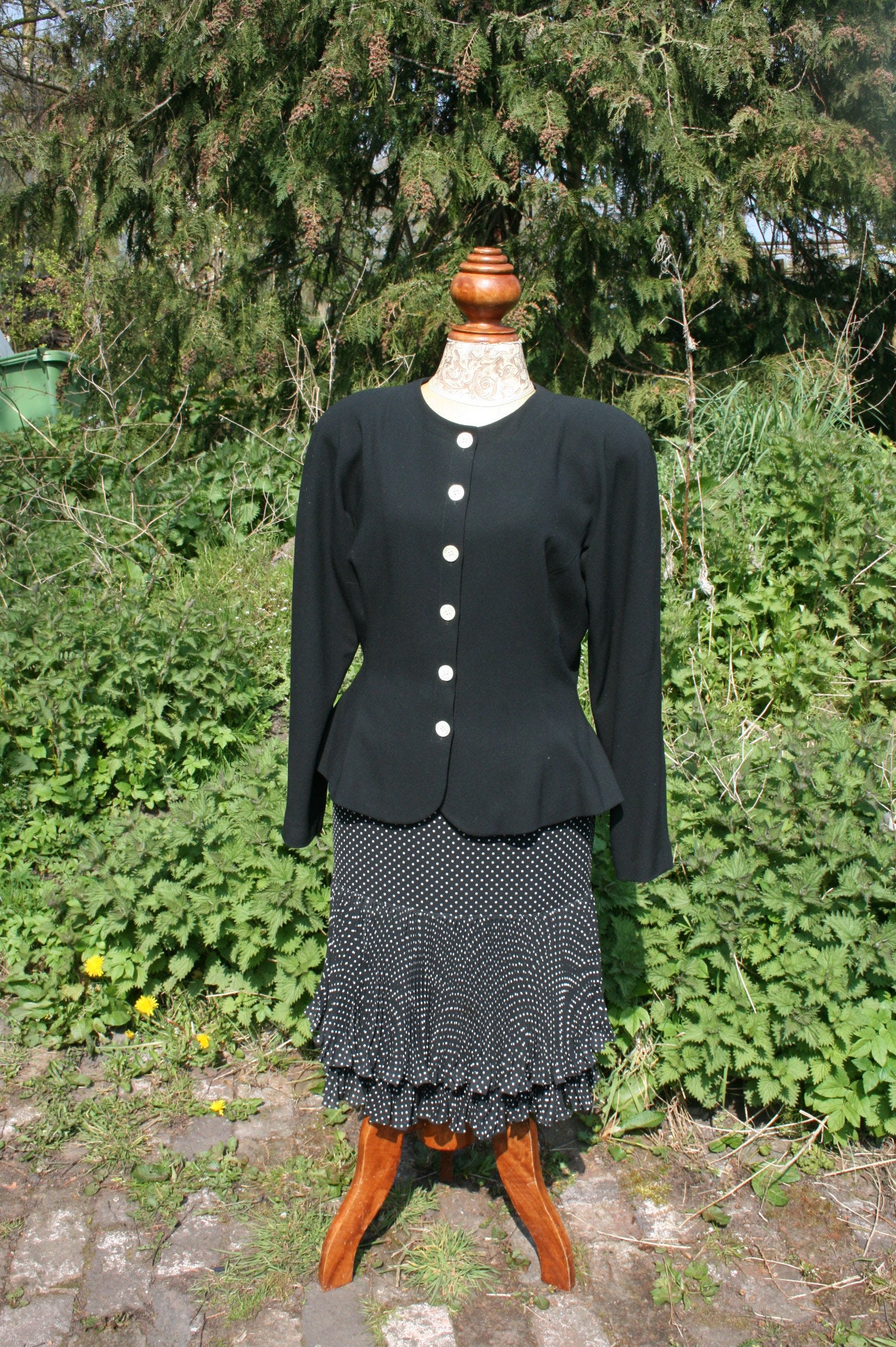 Image of S  Piece Suit, Black Polka Dot Skirt, Top & Jacket, Size , Mimmina Italy, Wide Shoulders, Flippy Skirt