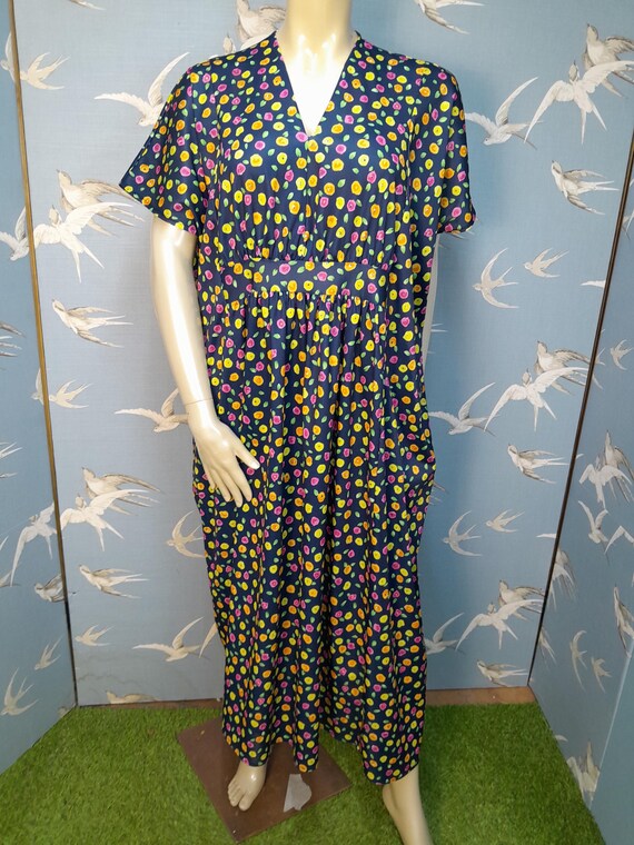 Vintage 70s/ 80s plus size/ oversize kaftan dress, blue/ pink/ yellow floral freesize boho cocktail dress