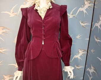 Vintage 1970s Grace Elliott wine red velvet jacket & maxi skirt suit, size 10 UK/ 36" bust