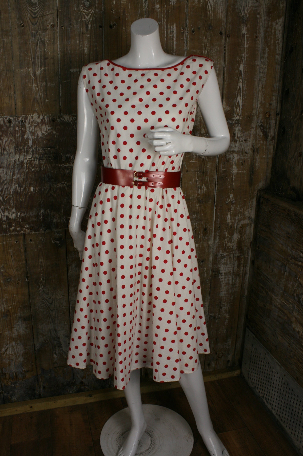 Vintage 80s Does 50s Red and White Polka Dot Rockabilly Dress image