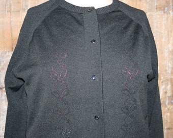 Plus size vintage black cardigan, 60s/ 70s size 18 cardi/ sweater, 45" bust