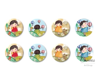 Doll Glass Cabochon Set, Multi Color Round Dome Flatback for Charm Pendant Studs Necklace, Jewelry Making Crafting Supply DIY, set of 8