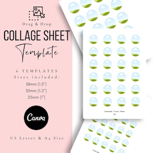 Puede incluir: Una plantilla de hoja de collage con 6 tamaños diferentes de círculos que presentan una colina verde con una nube blanca y un cielo azul. Los tamaños son 38 mm, 30 mm y 25 mm. La plantilla está disponible en tamaños US Letter y A4.