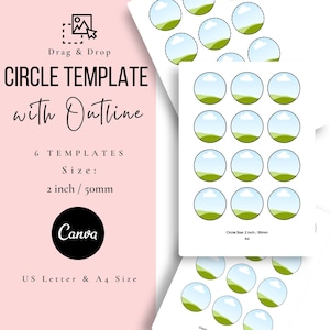 May include: Printable circle template with 6 different designs featuring a green hill, blue sky, and white cloud. The circles are 2 inches in diameter and are designed for use with Canva.