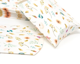 Cajas de almohada de papel kraft, cajas de regalo de papel tipo almohada, cajas de embalaje, cajas de almohada con estampado floral, embalaje kraft, 9,9 x 5,5 x 0,1 cm, 5 unidades