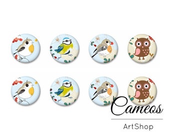 Birds Glass Cabochon Set, Blue Brown Animal Round Dome Flatback Charm Pendant Studs Necklace Jewelry Making Crafting Supply DIY, Set of 8