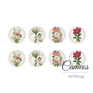 8 個のカボション、写真ガラスカボション、花柄カボション、花のイラスト画像ガラスカボション 10 mm、12 mm、14 mm、または 18 mm - C1701