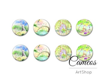 8 pcs Provence Motif Cabochon Glass Cabochons Handmade Photo Glass Cabs Round, Fairytale Illustration Cabochon, Image Glass Cabochon- 1702