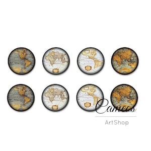 8 Stück Weltkarte Cabochon, Foto Glas Cabochon, Vintage, Glaskuppel 10mm, 12mm, 14mm oder 18mm - C1693