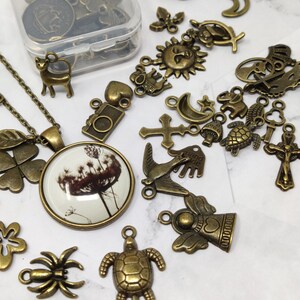 May include: A collection of bronze-colored charms and pendants, including a four-leaf clover, a bird, a cross, a star, a moon, an angel, a spider, a turtle, and a floral design. The charms are arranged on a white surface.