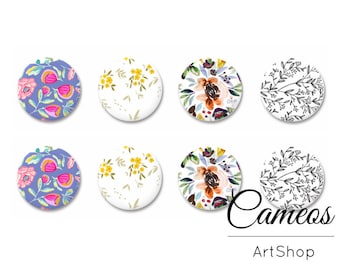 8 pcs Floral Glass Dome Cabochon 10mm up to 18mm, handmade flatback cabochon, flowers photo cabochon, glass beads - C1642