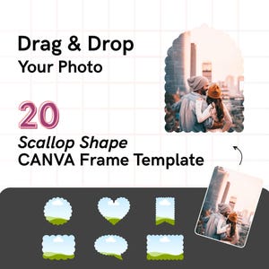 Op de afbeelding: Een digitaal ontwerpsjabloon met de tekst "Drag & Drop Your Photo" en "20 Scallop Shape CANVA Frame Template". De afbeelding toont een stel in een stad en verschillende geschulpte frame-ontwerpen.