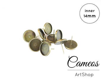 14mm Stud Earrings Antique Bronze Nickel Free, Earring blanks for 14mm photo glass cabochons, 10, 20, 36 pcs