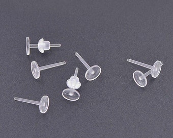 Doorzichtige plastic oorknopjes, hypo-allergene studs, oorbelbakjes 12x5 mm, transparant van kleur, met siliconen achterkant 100/250 stuks