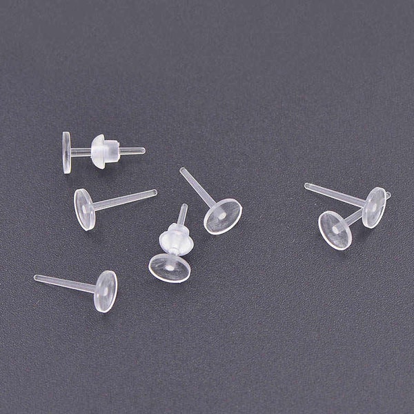 Doorzichtige plastic oorknopjes, hypo-allergene studs, oorbelbakjes 12x5 mm, transparant van kleur, met siliconen achterkant 100/250 stuks