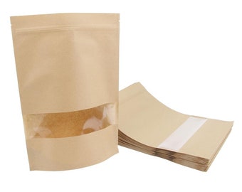 5, 10 pcs Resealable Packaging Paper Bags, 20x12cm Kraft Self Standing Brown Packaging Bags with Window Stand-Up Pouches, Reusable Zip Lock