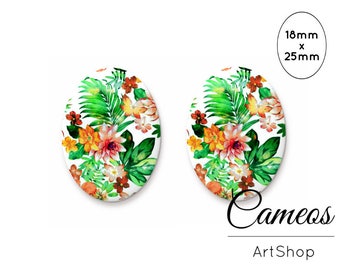 Cabochon, Flowers cabochons 18x25mm, Glass cabochons, Flatback Cabochon, Handmade cabochon, Oval cabochons, photo glass cabochon - 0756