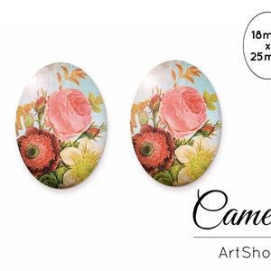 Cabochon floreali 18x25mm, Cabochon rosa rosa, Cabos a cupola in vetro, Cabochon in vetro fotografico per la creazione di gioielli, vintage - 0100