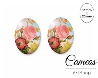 Floral Cabochons 18x25mm, Pink Rose cabochons, Glass dome cabos, Photo glass cabochon for jewelry making, vintage  - 0100