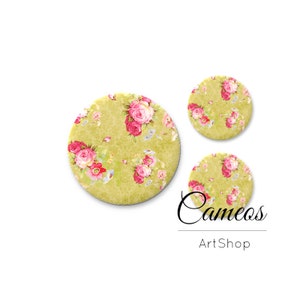 Cabochon in vetro giallo fiore 1x25mm e 2x12mm, 1x20mm e 2x10mm, cabos fatti a mano, cabochon in vetro fotografico sul retro piatto per fai da te - S1608