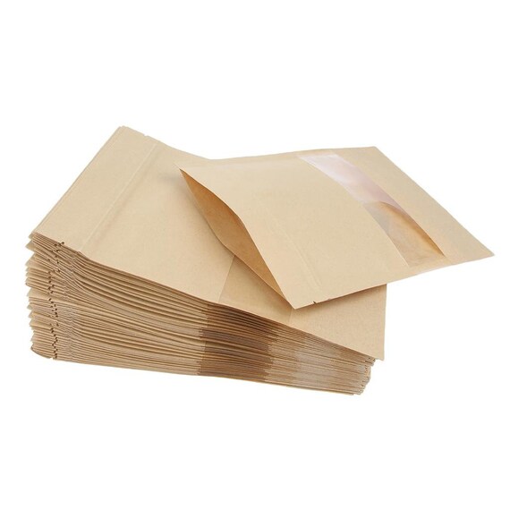 United Pacific Fiji Pte Ltd - Kraft Stand Up Pouches. Zip lock food storage  bags with window, Reusable, Heat-Sealable Stand Up Brown Paper Pouches.  Available is assorted sizes. Your ideal choice for