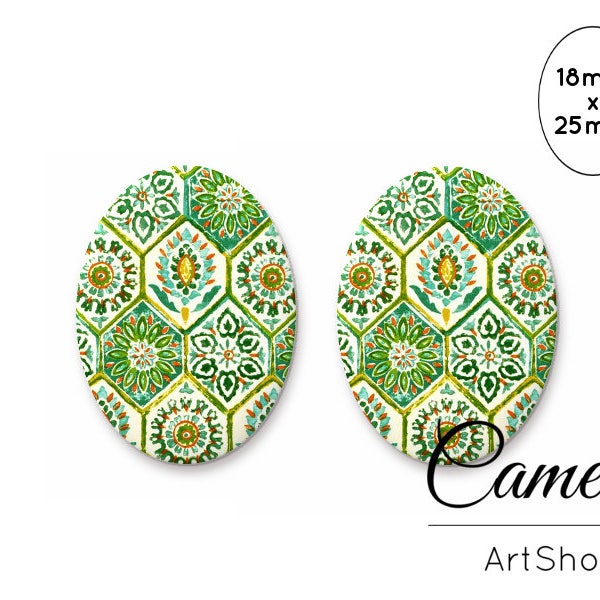 Green Mosaic Glass Cabochon 18x25mm, handmade flatback Cabochon, oval glass beads, photo glass cabochon for jewelry- 0685