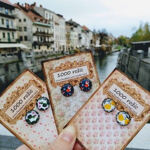 Puede incluir: Tres pares de pendientes en tarjetas con un patr&oacute;n floral. Los pendientes est&aacute;n hechos de vidrio y presentan diferentes dise&ntilde;os: un zorro rojo, un cactus y limones. Las tarjetas tienen el texto "1000 rozic" y una direcci&oacute;n de sitio web.