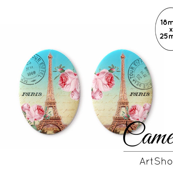 Verre Ovale Ovale Artisanal Eiffel Tours Photo Cabochons 18x25mm, Image Verre Couverture, Photo Verre Cabochon - 0304