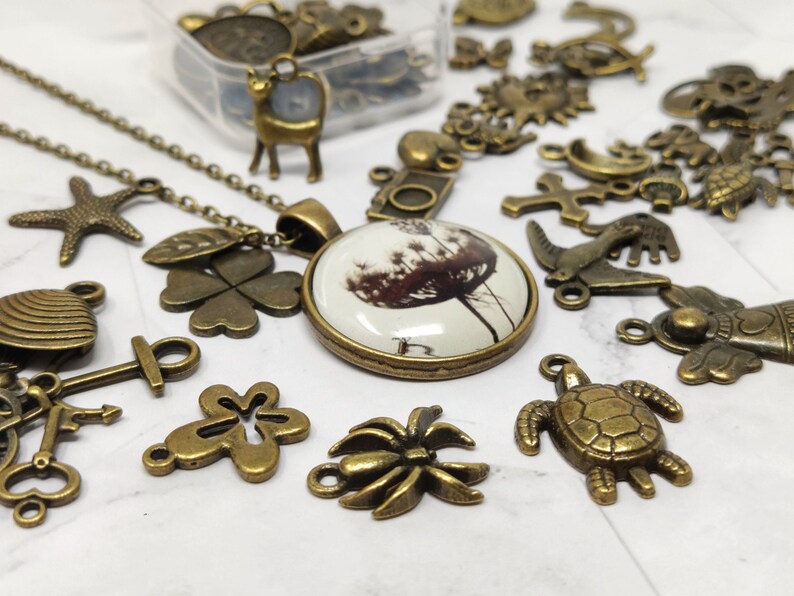 May include: A collection of bronze-toned metal charms and pendants, including a necklace with a clover charm and a round pendant with a dried flower design. The charms are arranged on a white surface.