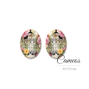 Cabochons Cage à oiseaux 18x25mm, Cabochons Oiseaux Rose, Cabos dôme en verre, Cabochon en verre pour la fabrication de bijoux, Dôme en verre - 0803