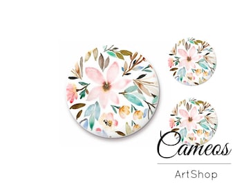 Floral Cabochon, Glass Cabochon Set 1x25mm and 2x12mm, 1x20mm and 2x10mm, FLower Image Cabochon, Glass Dome, Photo Glass Cabochon- S1514