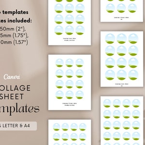 May include: Six printable collage sheet templates featuring a green hill and blue sky design. The templates are available in three sizes: 50mm, 45mm, and 40mm. The text "Canva Collage Sheet Templates" is visible in the image.