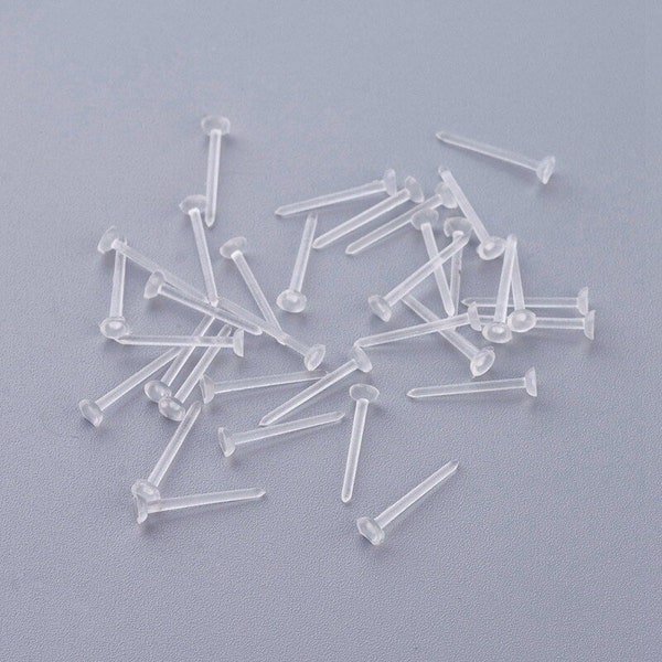 Clear Plastic Stud Earrings, Hypo allergenic studs, Earring Trays 12x3mm, Transparent In Colour, With Silicone Back 100/250pcs